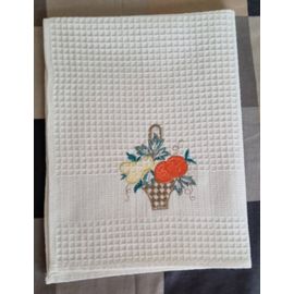 Torchon Blanc Et Vert Nid D'abeille Brodé