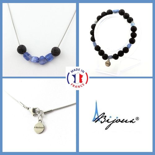 Parure Bijoux Bracelet Collier Perles Cyanite Bleu Du Brésil + Lave 8 Taille Personnalisable.