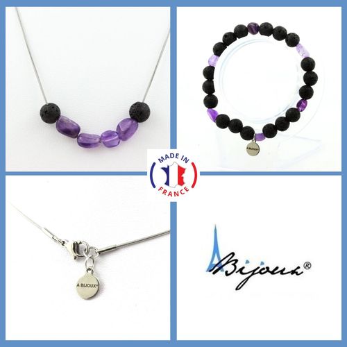 Parure Bijoux Bracelet Collier Perles Améthyste Du Brésil + Lave 8 Mm. Taille Personnalisable.