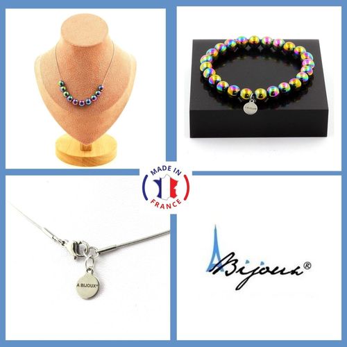 Parure Bijoux Bracelet Collier 15 Perles Unakite 8 Mm. Chaine En Acier Taille Personnalisable.