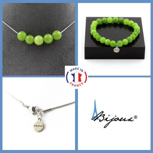 Parure Bijoux Bracelet Collier 5 Perles Péridot 8 Mm. Chaine En Acier Taille Personnalisable.