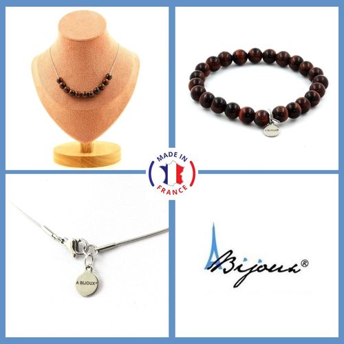 Parure Bijoux Bracelet Collier 10 Perles Oeil De Tigre Rouge 8 Mm. Taille Personnalisable.