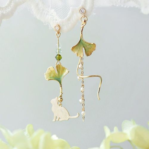 Boucles D'oreilles Chaton Cuir Chevelu Ginkgo Vert Pour Femmes, M¿¿Tal ¿¿L¿¿Gant, Long Pompon Goutte, Boucles D'oreilles Perle Asym¿¿Trique, Bijoux Doux, Nouveau, 2020