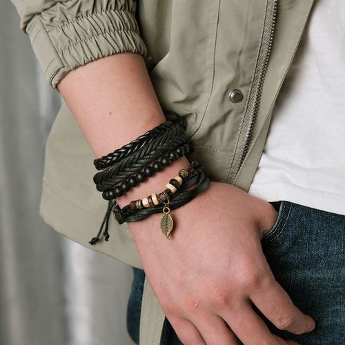 Ensemble De Bracelets Vintage ¿¿ Plusieurs Couches Pour Hommes Et Femmes, Pendentif En Feuille, Perles En Bois, Breloques, Enroul¿¿ Noir, Bijoux Tiss¿¿S ¿¿ La Main