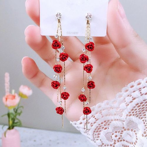 Boucles D'oreilles Longues Pompon Biscuits Fleur Rose Pour Femme, Boucle D'oreille Pendante, Piercing, Bijoux Fantaisie