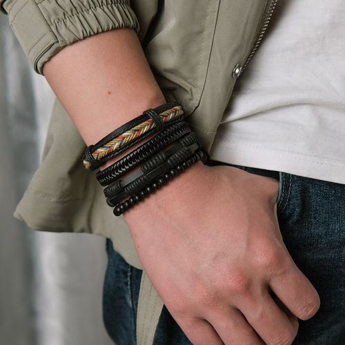 Ensemble De Bracelets Vintage ¿¿ Plusieurs Couches Pour Hommes Et Femmes, Pendentif En Feuille, Perles En Bois, Breloques, Enroul¿¿ Noir, Bijoux Tiss¿¿S ¿¿ La Main