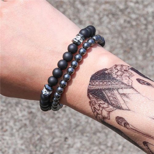 Pendentif Couronne Rectangle En Pierre Volcanique Noire Givr¿¿E Pour Homme, 2 Pi¿¿Ces/Ensemble, Bracelet De Perles, Breloque Punk, Bijoux Cadeau
