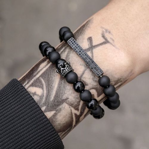 Pendentif Couronne Rectangle En Pierre Volcanique Noire Givr¿¿E Pour Homme, 2 Pi¿¿Ces/Ensemble, Bracelet De Perles, Breloque Punk, Bijoux Cadeau