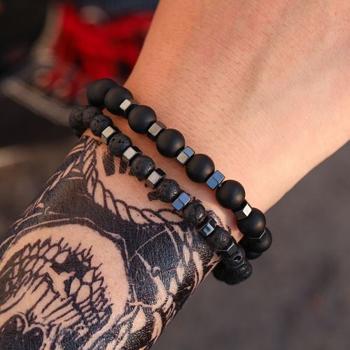 Pendentif Couronne Rectangle En Pierre Volcanique Noire Givr¿¿E Pour Homme, 2 Pi¿¿Ces/Ensemble, Bracelet De Perles, Breloque Punk, Bijoux Cadeau