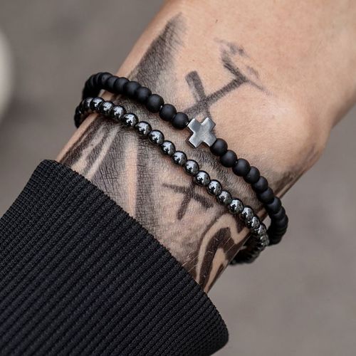 Pendentif Couronne Rectangle En Pierre Volcanique Noire Givr¿¿E Pour Homme, 2 Pi¿¿Ces/Ensemble, Bracelet De Perles, Breloque Punk, Bijoux Cadeau