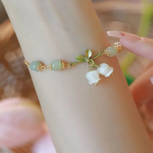 Bracelet Fantaisie Fleurs Et Feuilles Blanches Breloque Muguet Vert Pierre Naturelle Bracelet Perl¿¿ Bijoux Mariage Femme