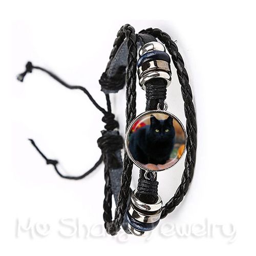 Bracelet En Verre Pour Chat, Accessoire Tendance, Cabochon Animal Fait À La Main, Réglable En Cuir Noir/Marron, Cadeau Créatif Pour Amoureux Des Chats