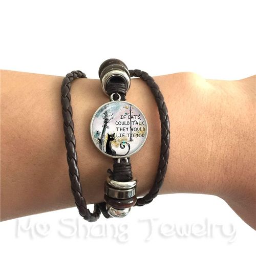 Bracelet En Verre Pour Chat, Accessoire Tendance, Cabochon Animal Fait À La Main, Réglable En Cuir Noir/Marron, Cadeau Créatif Pour Amoureux Des Chats