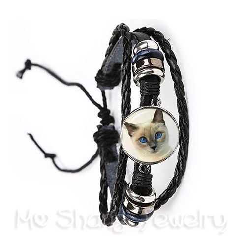 Bracelet En Verre Pour Chat, Accessoire Tendance, Cabochon Animal Fait À La Main, Réglable En Cuir Noir/Marron, Cadeau Créatif Pour Amoureux Des Chats