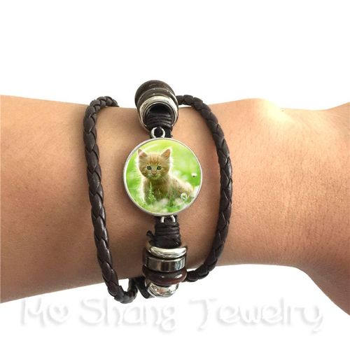 Bracelet En Verre Pour Chat, Accessoire Tendance, Cabochon Animal Fait À La Main, Réglable En Cuir Noir/Marron, Cadeau Créatif Pour Amoureux Des Chats