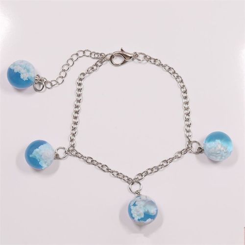 Bracelet De Cheville En Résine Transparente Pour Femmes Et Filles, Bijou Chic Avec Pendentif En Forme De Lune, Chaîne En Nuage, Bleu Ciel Et Blanc