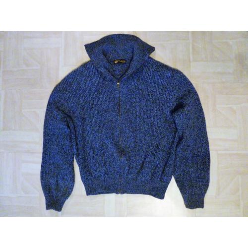 Pull Col Camionneur Taille Homme, Bleu Et Gris, Acrilique 70%, Laine 30%Fermeture Éclair