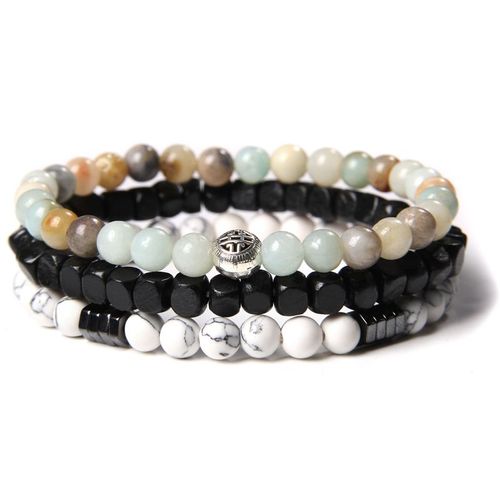 Bracelets En Amazonite Naturelle Pour Hommes Et Femmes, Breloques En Bois Noir Carré, Couleur Argent, Perles En Pierre De 6mm, Bijoux Élastiques, Cadeaux Pour Femmes