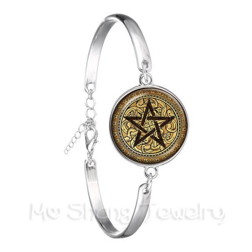 Bracelet En Argent Plaqué Pour Femmes, Bijoux En Forme D'étoile Inversée, Signe Pentagramme, Satanique, Symboles D'étoile, Dôme En Verre