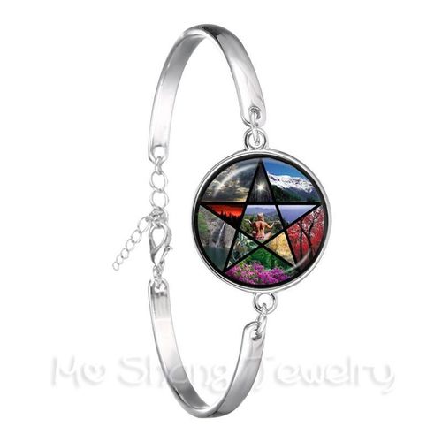 Bracelet En Argent Plaqué Pour Femmes, Bijoux En Forme D'étoile Inversée, Signe Pentagramme, Satanique, Symboles D'étoile, Dôme En Verre