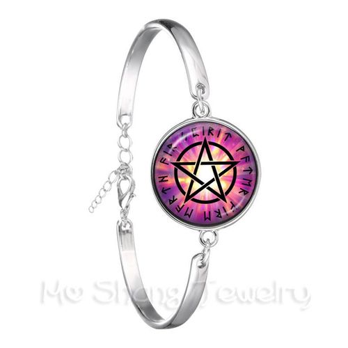 Bracelet En Argent Plaqué Pour Femmes, Bijoux En Forme D'étoile Inversée, Signe Pentagramme, Satanique, Symboles D'étoile, Dôme En Verre