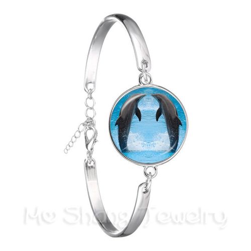 Beau Bracelet En Forme De Dauphin, Forme Ronde, Avec Dôme En Verre De 18mm, Plaqué Argent, Pour Cadeau