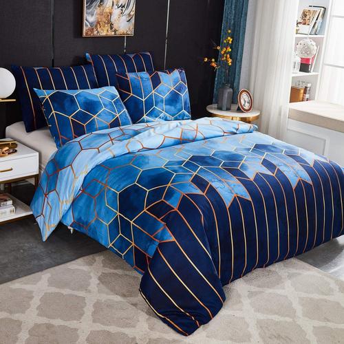 Sets Housse De Couette 230x260 Cm Avec 2xtaies D'oreiller 50x70 Cm,Mode Unique 3d Géométrique Imprimé Boho Microfibre,Bleu