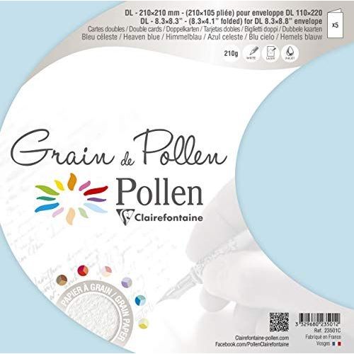 Clairefontaine 23501C - Un Sachet de 5 cartes pliées Grain de Pollen 10,5x21 cm 210g, Bleu céleste