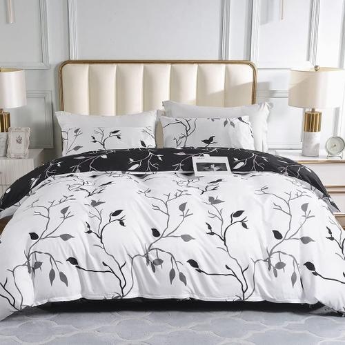 Nordic Housse De Couette 150/135 100 % Microfibre Housse De Couette 230x220 Cm Et 2 Taies D'oreiller 40x75 Cm (Noir/Blanc)