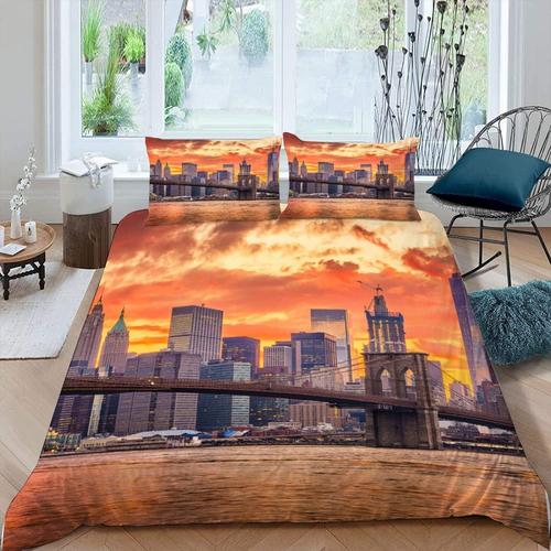 Housse De Couette New York 200x200 Cm 2 Personnes 3 Pièces Ultra Doux 3d Paysage Urbain Parure De Lit En Microfibre