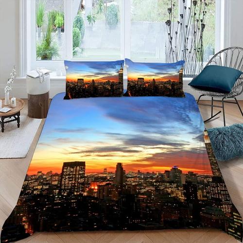 Housse De Couette New York 200x200 Cm 2 Personnes 3 Pièces Ultra Doux 3d Paysage Urbain Parure De Lit En Microfibre