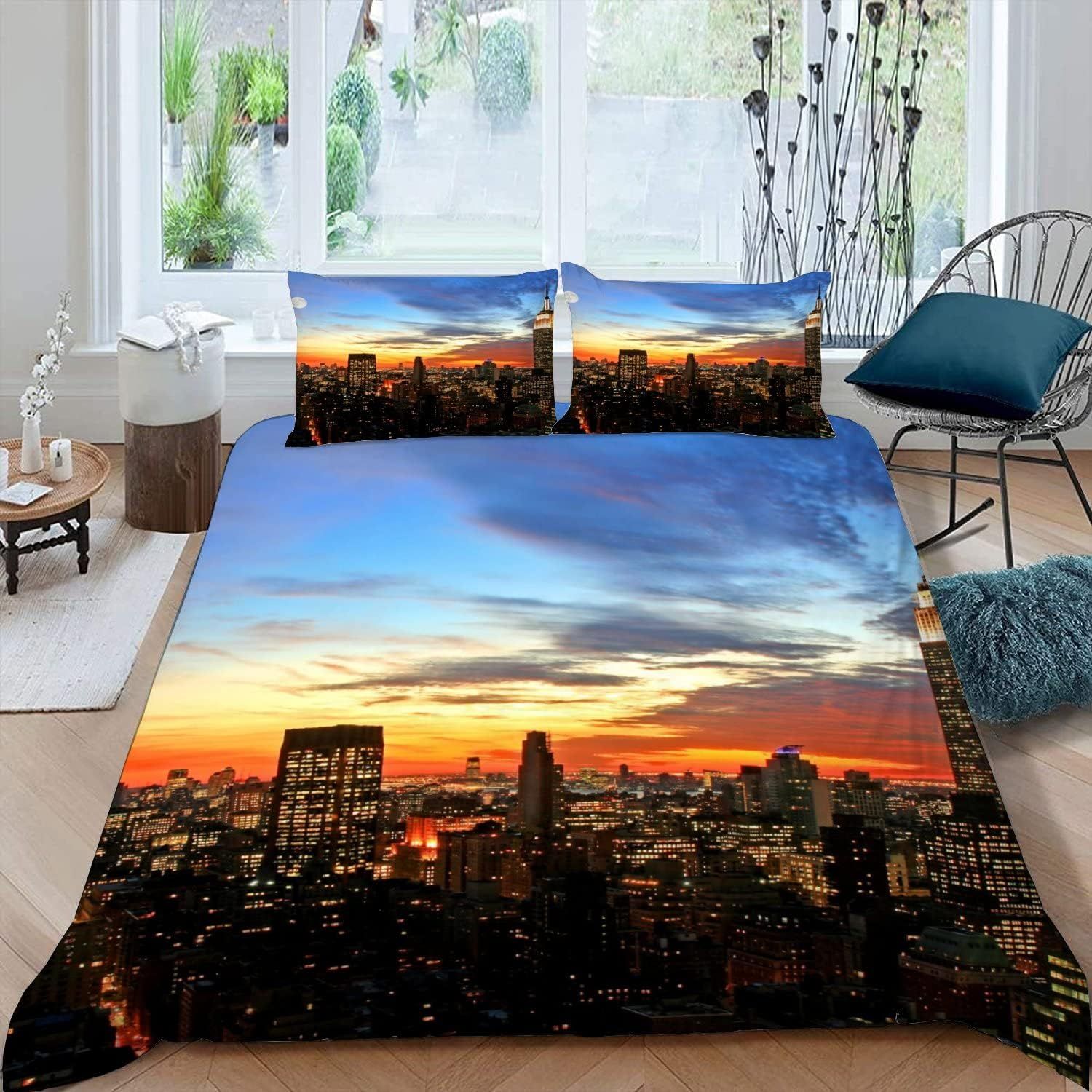 Housse De Couette New York 220x240 Cm 2 Personnes 3 Pièces Ultra Doux 3d Paysage Urbain Parure De Lit En Microfibre