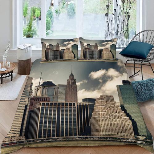 3d Microfibre Parure De Lit New York 200x200 Cm 2 Personnes 3 Pièces Ultra Doux Paysage Urbain Housse De Couette