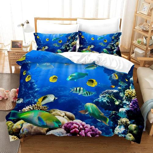 3d Mer Animaux Literie Set,Dauphin,Poisson Tropical,Corail,Vie Marine Housse De Couette,Bleu Monde Sous (200x200 Cm)