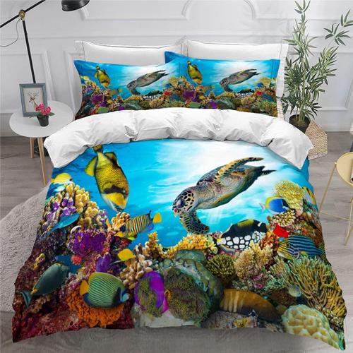 3d Mer Animaux Literie Set,Dauphin,Poisson Tropical,Corail,Vie Marine Housse De Couette,Bleu Monde Sous (220x240 Cm)