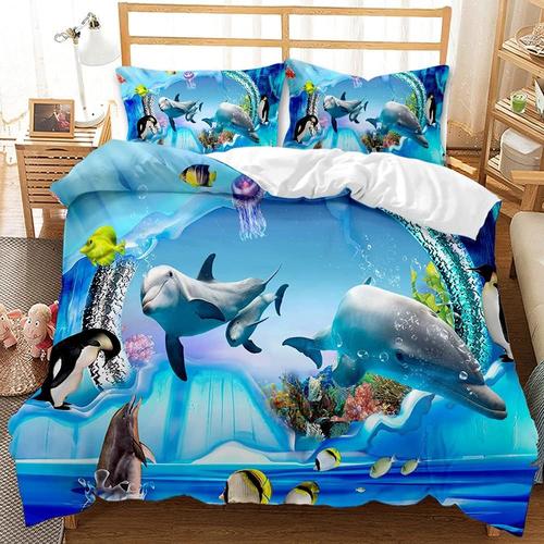 3d Mer Animaux Literie Set,Dauphin,Poisson Tropical,Corail,Vie Marine Housse De Couette,Bleu Monde Sous (220x240 Cm)