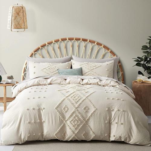 Coton Housse De Couette 200x200 Cm Beige + 2 Taie D'oreiller 65x65cm 2 Personne Adulte Ado Bohémien Tuftée Broderie