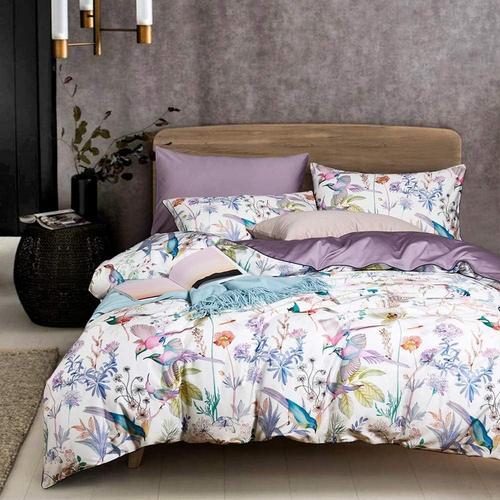 Housse De Couette 200x200cm Lilas Blanc Floral Fleurs Feuilles Oiseau Ado Parure De Lit 2 Personnes Avec Fermeture Éclair