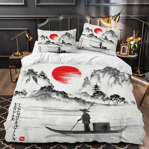 Housse De Couette 220x240 Adultes 3d Japon Parure De Lit 2 Personnes Aquarelle Vintage Douce Microfibre Housse De Couette