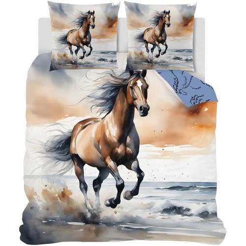 Housse De Couette 240x260 Microfibre Cheval Au Galop Réversible 2 Personnes Animaux Motif Parure De Lit