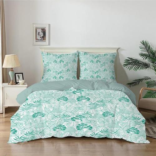 Housse De Couette 220x240 Cm Feuilles Palmier Vert Parure De Lit Adulte,Réversible Plante Blanche Parure