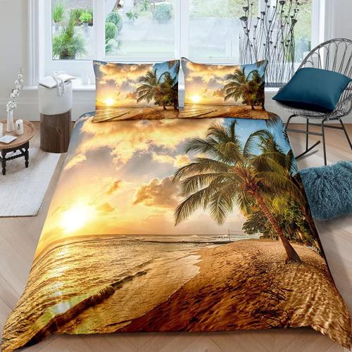 Housse De Couette Tropical Palmiers 140x200 Cm 1 Personne 3d Motif Plage Parure De Lit Avec 2 Taies D'oreiller 50x75