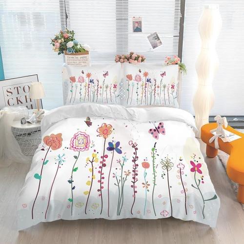 Housse De Couette 220x240 Papillon Fleur Colorée Parure De Lit Adulte Avec Fermeture Éclair + 2 Taie D'oreiller 65x65 Cm