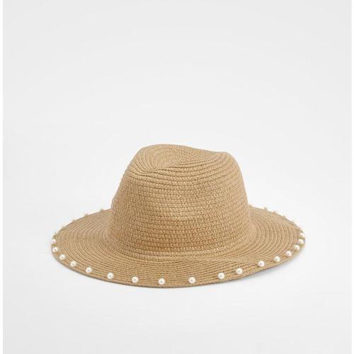 Pearl Trim Straw Hat - Neutral - One Size