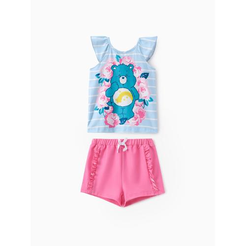 Care Bears Toddler Girls 2pcs Floral Bear Striped Print Flutter-Sleeve Top With Shorts Set