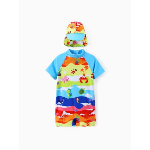 Baby Boy 2pcs Childlike Marine Print Swimsuit With Cap