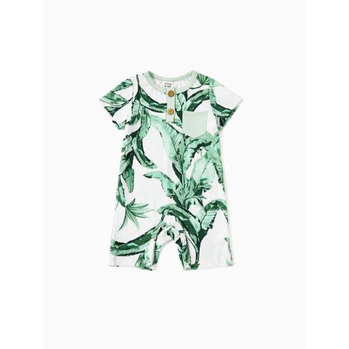 Family Matching Color Block Tee And Green Leaf Pattern Cut Out Drawstring Waist Strap Dress Sets