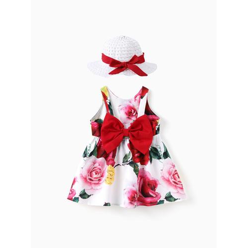 Baby Girl 2pcs Floral Print Big Bowknot Dress With Hat