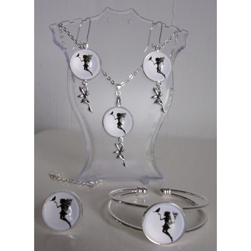 Parure Argentée 4 Pièces Cabochon 2cm Collection "Fée Noir Et Blanc" Et Breloque Métal Petite Fée 3