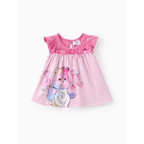 Care Bears Baby Girls 1pc Character Heart-Pattern Print Lace Bowknot Flutter-Sleeve Dress